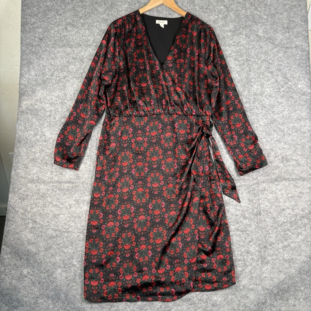 ON 34TH Faux Wrap Dress Women's Size XL Black and Red Satin Floral Feminine